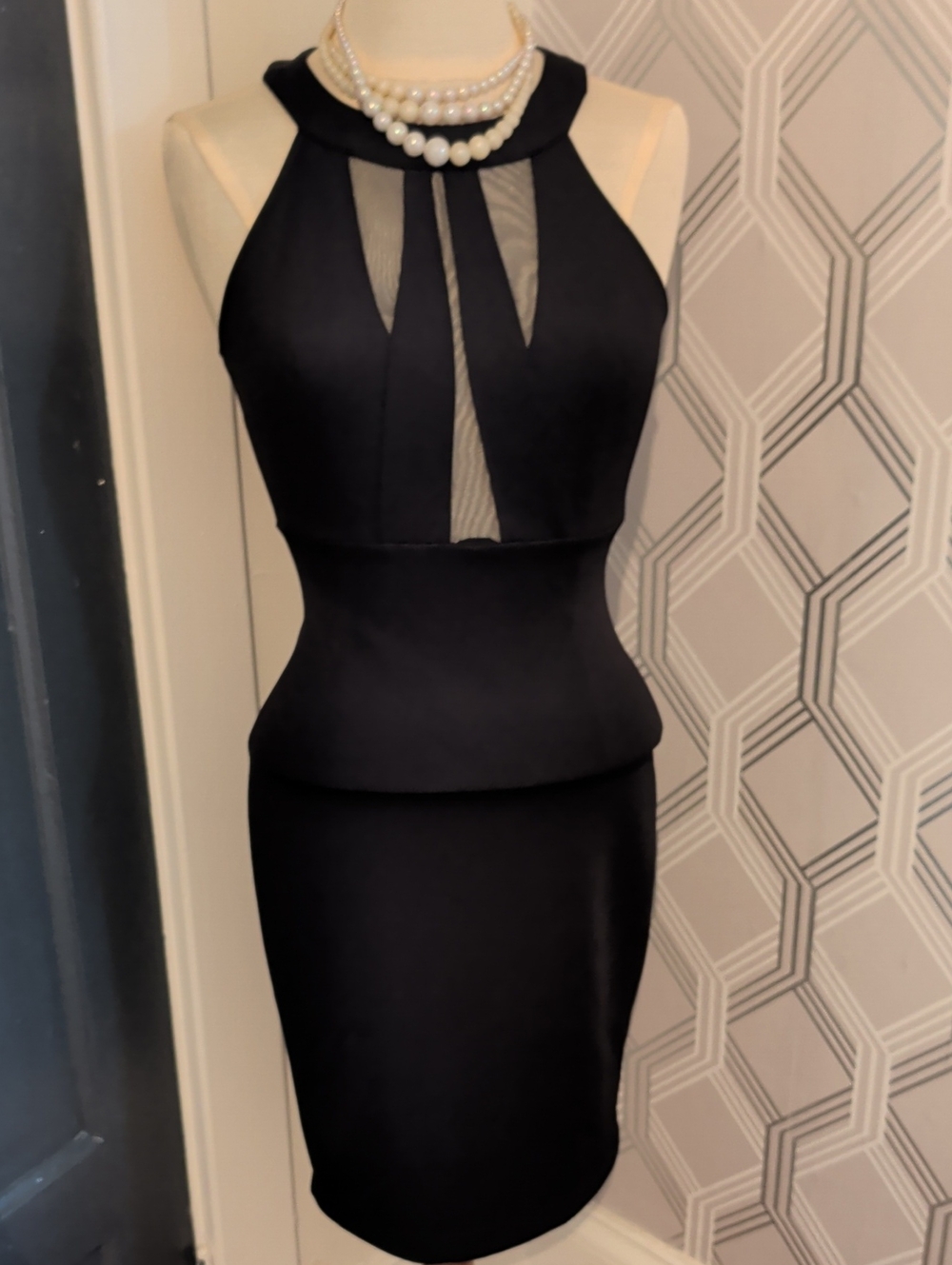 Black Halter Midi Dress with Sheer Paneling